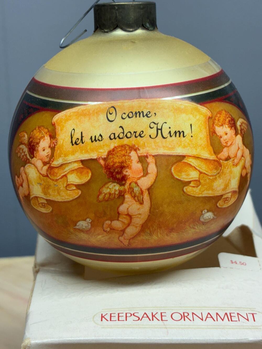 Vintage 1981 Hallmark Let Us Adore Him Glass Ornament | Angels Nativity Hymn